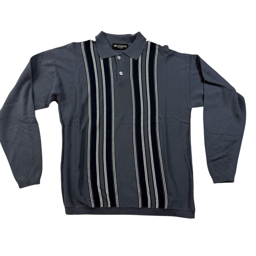 Brandini Long Sleeve Polo Sweater – Blue & Navy Vertical Stripe – Size Medium